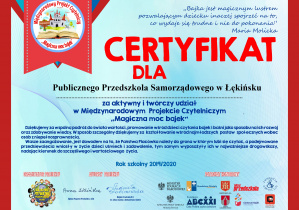 Certyfikat dla przwedszkola za udział w projekcie - Magiczna Moc Bajek